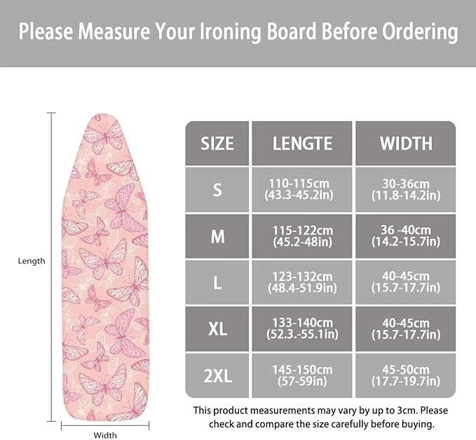 ZCFYGDX Breathable Ironing Board Cover Decor, Resist Scorching & Staining, 17x49 Wear & Soil Resistant Covers, Elastic Edges,3 Fasteners,Anti-Scorch Polyester Butterfly Pattern Pink Print