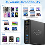 YSYFAD 6 Port USB C Charging Station with Digital LCD Display - GaN Fast 100W USB C Charger for MacBook Laptops, iPad, iPhone, Samsung - Black