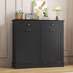 Tilt Out Trash Can Cabinet Dog Proof with Double Wood Hidden Trash Can Holder, Kitchen Free Standing Recycling Cabinet（Black）