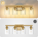XPEHK Brushed Gold Vanity Light,4 Light Gold Bathroom Light Fixtures,Bathroom Lights Over Mirror with Clear Glass Shade,Modern Wall Lighting for Mirror Bedroom Vanity Hallway