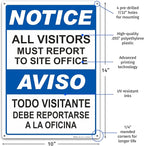 Brimar - 10" x 14" - Bilingual All Visitors Report Site Office Sign - .055″ Polyethylene Plastic - Bold Text And Symbol - Easy Installation
