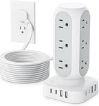 Tower Surge Protector Power Strip, 10FT Extension Cord with Multiple Outlets, Flat Plug Outlet Extender with 12 AC Outlets & 8 USB Ports, 24W Total Charging Station for Home Office Dorm Room