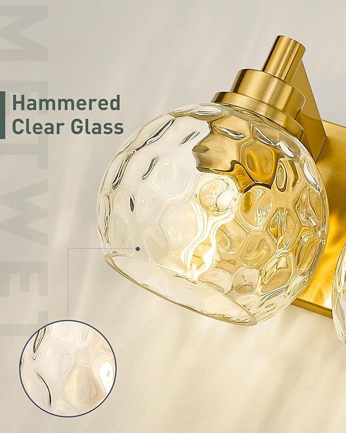 METWET Bathroom Light Fixtures Over Mirror, 3-Light Brushed Gold Vanity Light with Clear Hammered Glass Globe Shade, Modern Sconces Wall Lighting Bedroom Hallway, VL200-BG-3