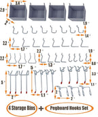 Wallmaster Pegboard Organizer Garage Storage - 48pcs Pegboard Hooks Set, Pegboard Tool Organizer with 48x24 Inch Steel Peg Board & 4 Storage Bins (Black)