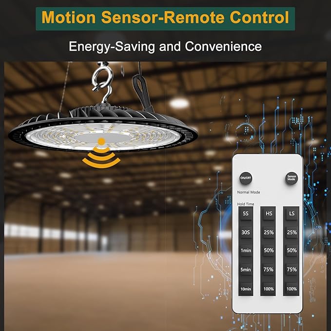 ACOHOOK Smart 300W High Bay LED Shop Lights 45000lm Commercial Bay Lighting with Normal Mode & Motion Sensor Mode AC100-277V UFO Lights for 30-50FT Height-4Pack