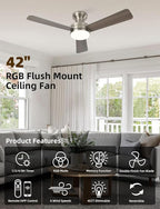 Homlit 42" RGB Ceiling Fan with Light, Music Sync Smart Fan with Alexa/Google/App Control, Low Profile Flush Mount, 6-Speed Quiet DC Motor, 4 CCT Dimmable Lighting for Bedroom Living Room
