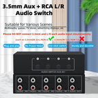 3.5mm Aux + RCA L/R Bi-Directional Stereo Audio Switch 4 in 1 Out A/B Analog Audio Switcher Selector No Power Need