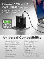 Lenovo 100W USB C Charger, 4-Port Multi-Device Fast Charging, Black GaN Power Block with 240W Cable, for Thinkpad, MacBook, Dell XPS, iPhone, Samsung