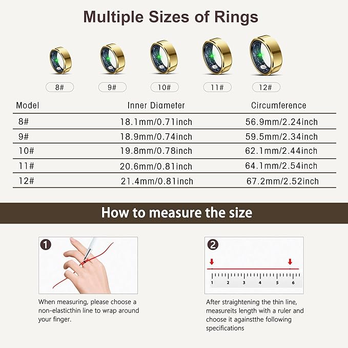RIFESI Smart Ring for Women Men, Fashion Minimalist Fitness Ring & Sleep Tracker Ring with Heart Rate, Blood Pressure,5ATM Waterproof Health Ring,Gifts for Women Men Gift,No Subscription (9,Gold)