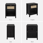 SICOTAS Black Nightstands Set of 2 with Charging Station - Boho Rattan Night Stand with Drawer, Modern Bedside Table with USB and Type-C Ports, Bed Side Tables for Bedroom, Black Oak, 2 PCS