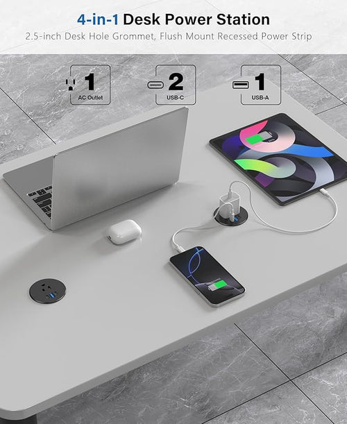 2.5 inch Power Grommet,20W USB-C Charging,1 Outlet with 2 USB C,1 USB Port,Furniture Flush Mount for Desktop,Recessed Power Strip,Workspace Essential Desk Outlet (Black, 10 FT)