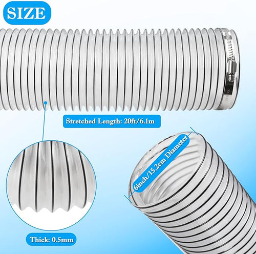 6" x 20' PVC Dust Collection Hose,6 Inch Dust Collector Vacuum Hose for Woodworking Dust Collection Systems, Dust Collection Tube Flexible Clear PVC Fume Debris Collection Hose w/Carbon Steel Wire