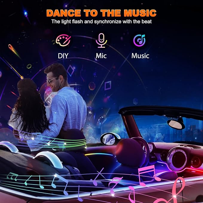 Jushope Acrylic LED Lights - Interior Car Ambient Lighting Kits with Dynamic Rainbow Dream Color Chasing, Music Sync (6 in 1(4 * 29.5+43.3+14.5 inches))