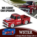 WSTER WS-538 Retro Pickup Truck Bluetooth Replica Speaker – Portable Wireless Car Model Speaker with FM, TWS, LED Party Lights, USB/TF Playback, Built-in Microphone, Type-C, Surprise Gift(Red)