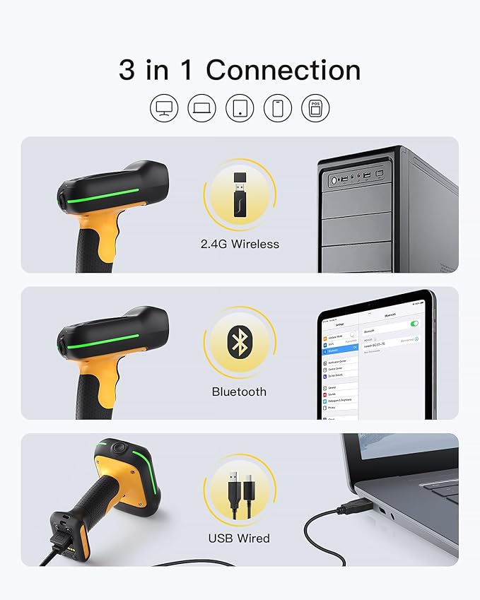 Inateck Industrial Barcode Scanner Bluetooth, 1D Scanner Wireless with IP67 Waterproof and Dustproof, Handscanner with App & SDK，BCST-61