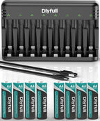 Rechargeable AA Batteries with Charger, Dlyfull 8 Pack of 2800mAh High Capacity Low Self Discharge Ni-MH Double A Batteries with 8 Bay AA AAA Battery Charger (USB-C Fast Charging, Independent Slot)