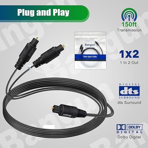 Bangun 1x2 Digital Audio Splitter Cable, Toslink Digital Fiber Optic Audio Splitter 1 Male Input 2 Male Output (for Home Theatre, Xbox, PS5/PS4), 10ft