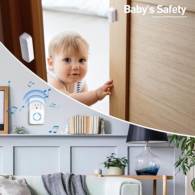 Door Chime, Satisure Wireless Door Open Contact Sensor Alarm Chime with 600 FT Range 58 Chimes 5 Volume Levels LED Indicators (1 Receivers & 3 Sensors)