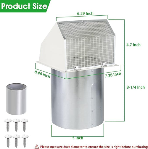 5 inch Dryer Vent Cover Outside Exhaust Vent Wall Vent Hood with Screen and Damper,Outdoor Dryer Vent Cover Cap for Range Hood/Kitchen/a c Duct Air Ventilation,Galvanized Steel,White