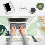 Britimes Green Boho Leaves Keyboard Mouse Pad Set 4in1 Large Mousepad+Keyboard Wrist Rest+Mouse Wrist Rest+Coaster Set with Ergonomic Design for Home Office Computer 35.4x15.7 inches