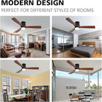 revoici 52" Ceiling Fans Flush Mount with Lights and Remote Control, Dark Brown Solid Wood Ceiling Fans for Indoor Outdoor Farmhouse, Timing 6 Speeds 3 Color Light with Memory Lighting