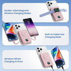 6 in 1 Magnetic Portable Charger for iPhone with Built-in Cables, 10800mAh 25W PD Fast Charging Power Bank, 6 Outputs Travel Essential Battery Pack for iPhone 17/16/15/14/13/12,Apple Watch (Pink)
