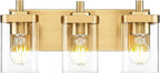 METWET Bathroom Light Fixtures Over Mirror, 3-Light Brushed Gold Vanity Light with Square Clear Glass Shade, Modern Wall Sconces, Vanity Lighting Fixtures, VL194-BG-3