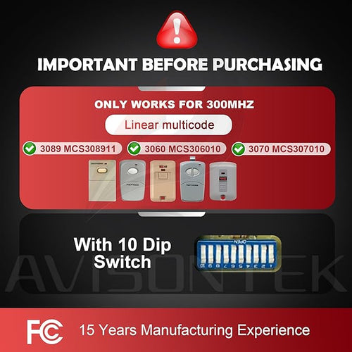 2 for Multi-Code 3089 3060 3070 MultiCode 308911 Linear MCS308911, 10 Dip Switch Gate Opener Remote 300MHZ, Multi Code Garage Door Opener【10-Year-Warranty】