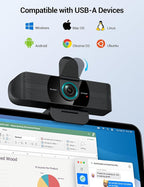RUWBY Full HD 1080P Webcam with Built-in Dual Mics, Wide-Angle Lens, Privacy Cover, Tripod Stand, Autofocus Computer Camera, Plug and Play for Desktop PC or Laptop