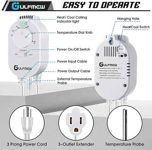 2 Pcs Plug in Thermostat for Heater, Thermostat Plug Outlet with 4.9FT Power Cord, Heating and Cooling Thermostats Outlet with Temperature Probe for Space Heater, Greenhouse Fan (White)