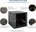 Tecmojo 9U Wall Mount Rack with Thermostat, 17.7inch Depth Enclosed Server Cabinet with 2 Cooling Fans,Lockable Door & Hardware,9U Rack for 19inch Equipments,Glass Door