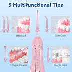Cordless Portable Water Flosser with 300ML Tank: Rechargeable Oral Irrigator with 5 Tips for Travel, Braces Care and Sensitive Gums, IPX7 Waterproof Teeth Cleaning Device(Pink)