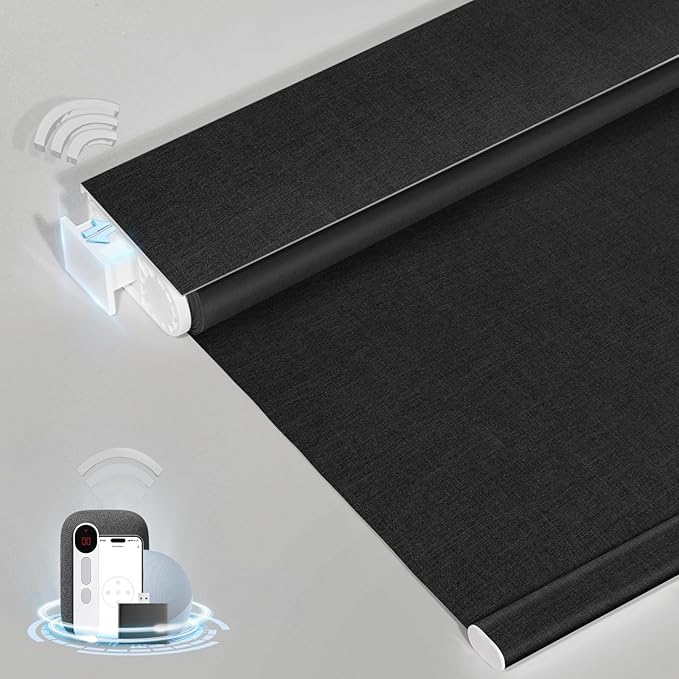 MANSNIX Smart Motorized Blinds with Remote, Cordless No-Drill Automatic Roller Shades, Blackout Electric Blind for Windows, Black, 36 x 72