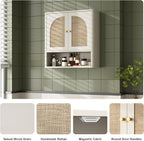 RUSTOWN Rattan Bathroom Wall Cabinet, Over The Toilet Storage Cabinets with 2 Arched Doors, Modern Medicine Cabinet with Adjustable Shelf & Rounded Edges, Mid-Century Bathroom Organization