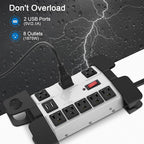 Heavy Duty Power Strip with USB, Workshop 8 Outlet Surge Protector 2700 Joules, Grey Industrial Metal 15Amp Power Strip, 10FT Extension Cord and Wide Spaced.