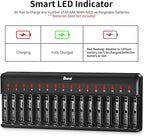 BONAI AA AAA Battery Charger 16 Bay for NiMH Rechargeable Batteries Independent Control with LED Light and Standard American AC Charging Plug, Battery not Included - Black