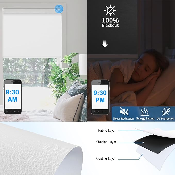 COOLWINDS Motorized Blinds with Remote Cordless Automatic Motorized Shades Custom Blinds for Windows Smart Curtains Compatible with Alexa Google Home(Blackout Jacquard White,W24 x H72in)