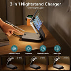 Eazpower 3 in 1 Foldable Wireless Charging Station for MagSafe, Nightstand Magnetic Charger Stand for iPhone 17 16 15 14 Pro Max, Travel Charging Dock with Night Light for Apple Watch/AirPods (Black)