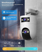 2K Indoor Cameras for Home Security, Dual-Lens Security Camera 360° PTZ for Baby Monitor Pet Cam, Built-in Spotlight, Night Vision, Motion Detection, 2-Way Audio, 2.4GHz & 5GHz WiFi, Works w/Alexa