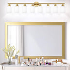 Guliaofo 8-Light Vanity Lights, Brushed Gold Bathroom Light Fixture with Striped Textured Milky White Glass Shade, Modern Vanity Lighting Fixture for Bathroom Wall Light Over Mirror, E26 Wall Sconce