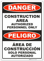 Brimar - 10" x 14" - Bilingual Danger Construction Area Authorized Only Sign - .040″ Rust-Free Aluminum - Bold Text - Easy Installation