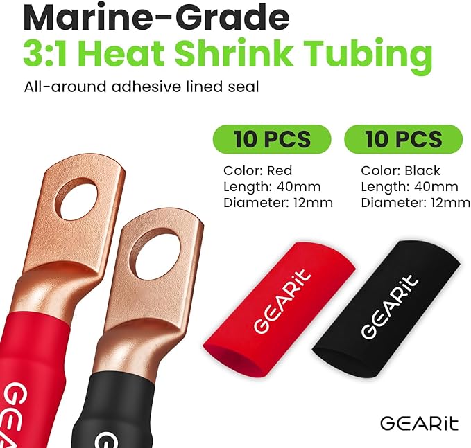 GEARit 4 Gauge CCA Ground Wire (25FT Each - Black and Red) All-in-One Kit: Crimping Tool, Cutter, 15 Lugs, and 20 Heat Shrink Wrap