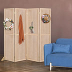 Bonnlo 4 Panel Pegboard Freestanding, 5 FT Portable Display Board Organizer for Craft Show Jewelry, Wooden Folding Privacy Screen Room Divider (with Base, Natural)
