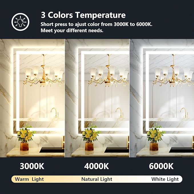 YEELAIT 55x40 Inch LED Bathroom Mirror with Lights Front and Backlit Lighted Vanity Mirror for Bathroom Wall with 3 Colors Dimmable Anti-Fog Memory Shatter-Proof IP54 Waterproof Horizontal/Vertical