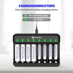 PEYHFCCE AA AAA 8 Bay Battery Charger with High-Speed Charging, Independent Slot for 1.2V Ni-MH Rechargeable Batteries
