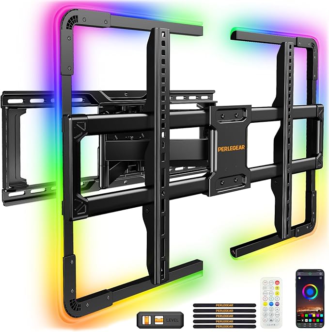 Perlegear AuraFrame™ Pre-Assembled TV Wall Mount with LED Light for 42″–90″ TVs up to 150 lbs, Full Motion Wall Mount, Tilt, Swivel & Extension, TV Backlights with Music Sync, Max VESA 600 x 400mm