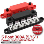 Tuijodaix 300A Bus Bar 5 Post 12V-48V DC Power Distribution Block,5 * 5/16"(M8) Battery Terminal Studs with Cover and Wire Lugs for Wiring,Automotive,Marine,Battery busbar (Red&Black)