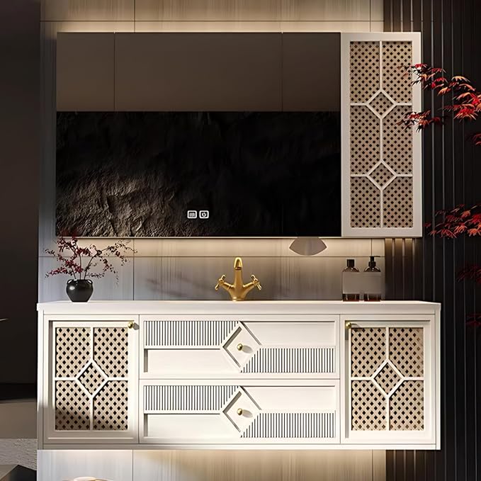 72IN Luxury Floating Bathroom Vanity - Single Sink Bathroom Vanities has Smart Defog Mirror & Slate Countertop | Woven Rattan Perforated Door Panel, LED Lights, 2 Drawers (Style A)