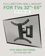 SANUS Full Motion TV Mount - Single Stud 32 to 55 inch TV Wall Mount Tilts, Extends & Swivels - Easy DIY Install Includes All Hardware & Post Install Leveling - Great for Corners