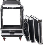 Sound Town 14U PA DJ Pro Audio Rack/Road ATA Case with 2U Drawer, 11U Slant Mixer Top, DJ Work Table, Casters, Pro Tour Grade (MR-DR14UT)